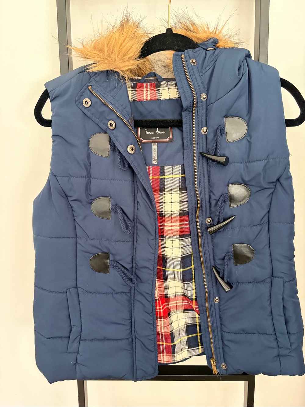 Love Tree Navy Quilted Vest with Faux Fur Trim and Toggle Closures
